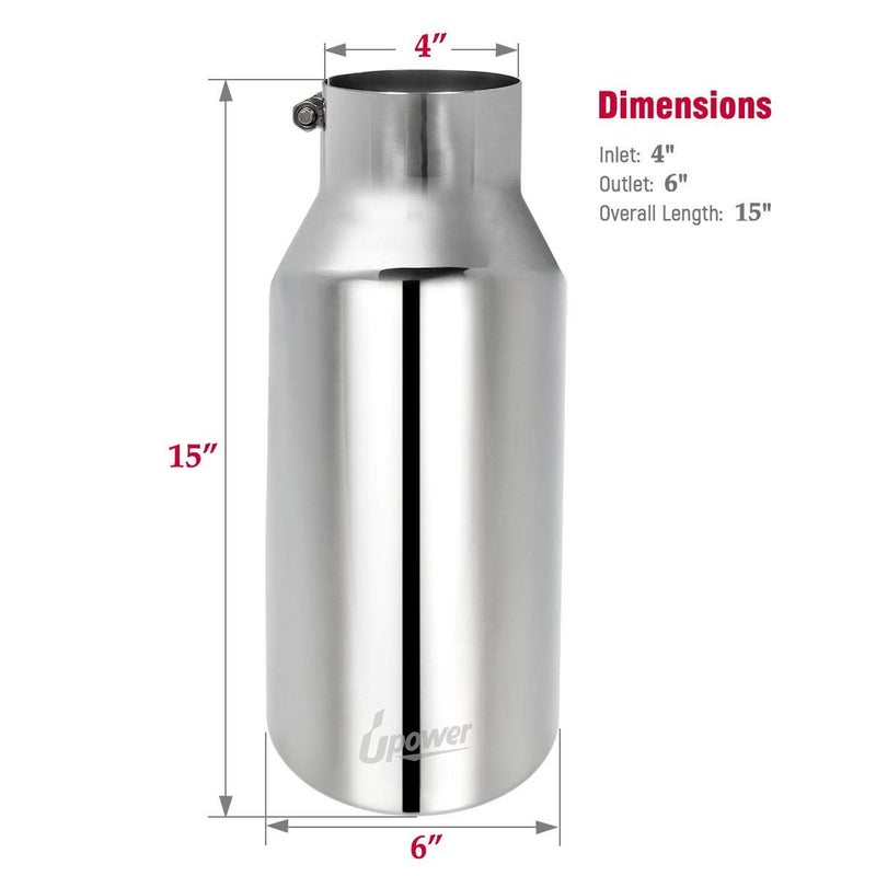 Upower Universal Diesel Trucks Car Exhaust Tip 4 Inch Inlet 6" Outlet 15" Long Stainless Steel Bolt-On - Image 4